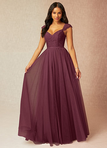 Azazie Luxi Bridesmaid Dresses Vestido Cabernet de Tule de Linha A com Plissado image1