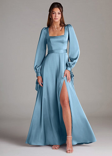 Azazie Leonia Robes Demoiselle d'honneur Robe Trapèze en Satin extensible Manche longue Acier Bleuté image1