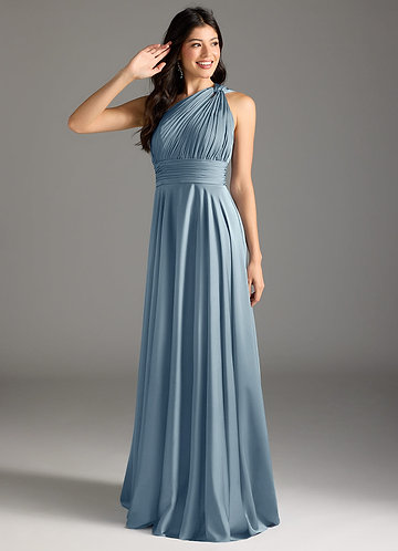 Azazie Charlize Bridesmaid Dresses Dusty Blue A-Line One Shoulder Stretch Satin Dress image1