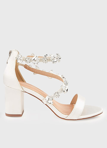 front Strappy Crystal Satin Block Heel Sandals