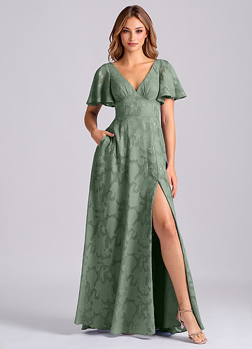 Azazie Kimber Bridesmaid Dresses Matcha A-Line with Pockets Floral Burnout Dress image1