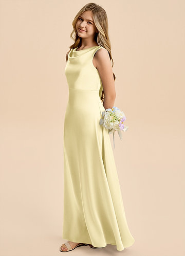 Azazie Kiki Junior Robe Trapèze en Satin extensible Arc Sorbet Citron image1