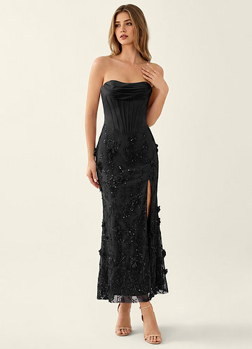 Lavinia Zwart Maxi-jurk met korset en kralenversiering en 3D-bloemen image1