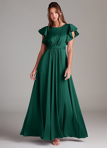 Azazie Daphne Modest Bridesmaid Dresses A-Line Ruched Stretch Satin Floor-Length Dress image1