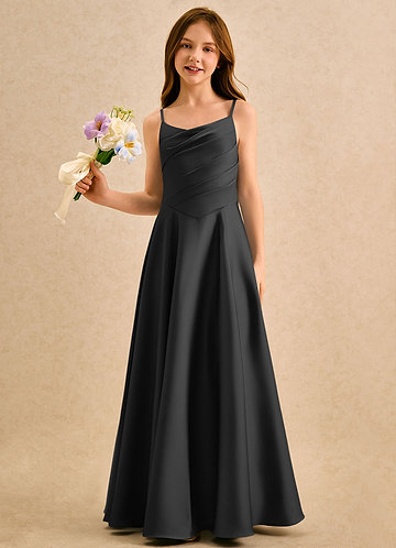 black satin junior bridesmaid dress Lavetir Black A-Line/Princess Scoop Half Sleeves Lace Junior Bridesmaid Dresses 2026 main image 1