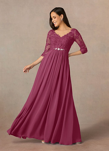 Azazie Hayek Mother of the Bride Dresses Mulberry A-Line V-Neck Lace Chiffon Dress image1