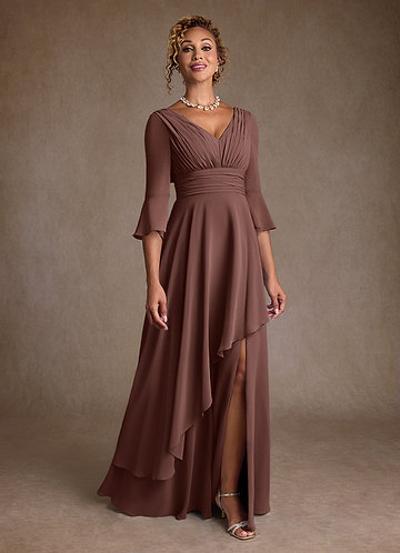 Azazie Bedford Espresso Sheath Pleated Stretch Satin Dress | Azazie CA