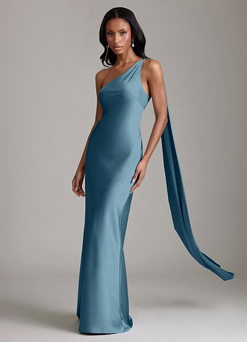 Azazie Juniper Bridesmaid Dresses Vestido Bermudas de Cetim elástico de sereia com Um ombro image1