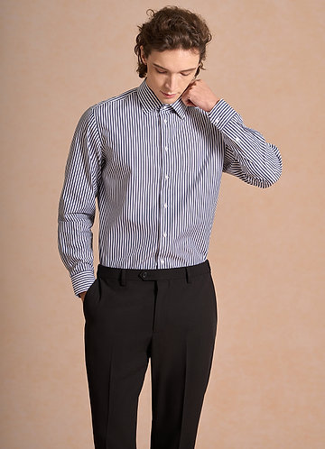 front Aiden White Navy Blue 100% Cotton Non-Iron Striped Dress Shirt