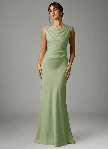 Azazie Kieryn Robes Demoiselle d'honneur Robe Sirène en Satin extensible Plissée Vert Sauge image1