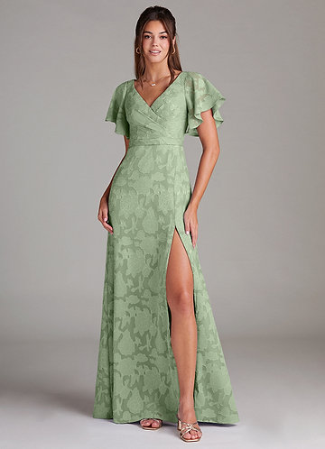 Azazie Ambrosia Bruidsmeisjes Jurken Jurk van Bloemen Burn-out met A-Lijn Geplooid Stoffige Salie image1