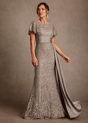Azazie Harrison Mother of the Brides Dresses Taupe Mermaid Pleated Lace Dress image1