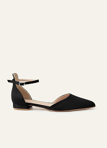 front Matching Color Matte Satin Pointed Toe Ankle Strap Block Flat Pumps
