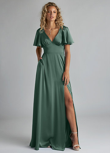 Azazie Kimber Bridesmaid Dresses Eucalyptus A-Line Ruched Stretch Satin Dress image1