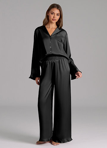 front Black Ruffled Satin Long Sleeve Pajama Set