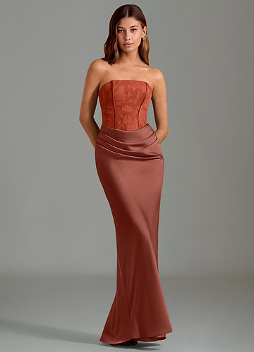 Azazie Emilia Robes Demoiselle d'honneur Robe Sirène en Satin extensible Sans bretelles Auburn image1