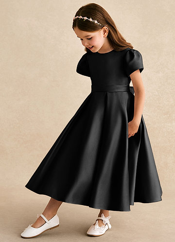 Azazie Princess Flower Girl Dresses Vestido Preto de Cetim fosco de Linha A com Plissado image1