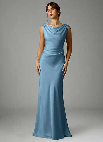 Azazie Kieryn Bridesmaid Dresses Steel Blue Mermaid Pleated Stretch Satin Dress image1