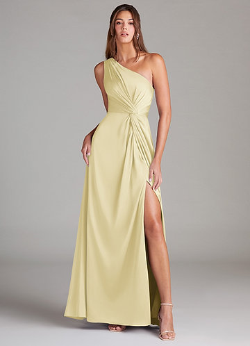 Azazie Brooke Robes Demoiselle d'honneur Robe Trapèze en Satin extensible Une épaule Sorbet Citron image1