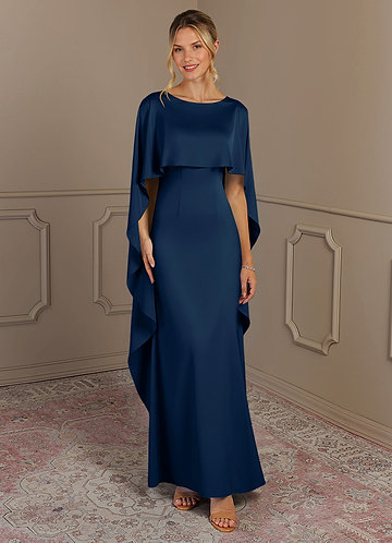 Azazie Eli Mother of the Brides Dresses Dark Navy Sheath Boatneck Stretch Satin Dress image1