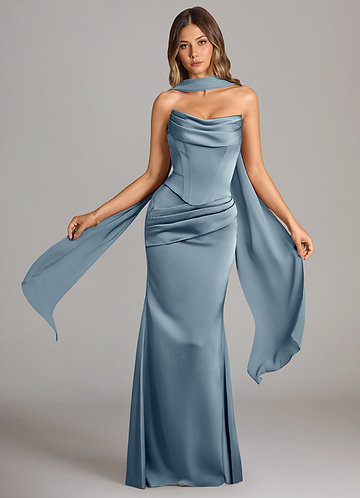 Azazie Sorrel Vestidos Dama de Honor Vestido de Azul Polvoriento de Satén Elástico de Corte Sirena Convertible con Sin tirantes image1