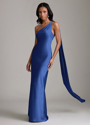 Azazie Juniper Bridesmaid Dresses Vestido Royal Blue de Cetim elástico de sereia com Um ombro image1