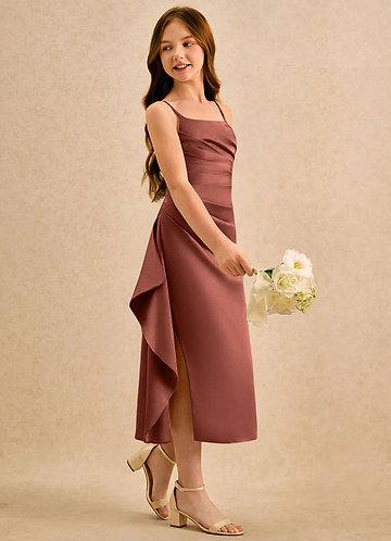 Azazie Canna Girls Formal Kukkaistyttöjen mekot A-linja Pliseerattu Joustava satiini Tee-pituus Pukeutua image1