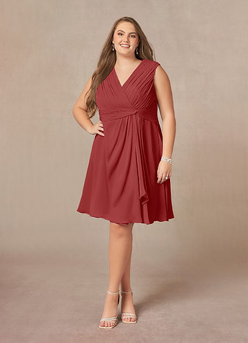 Azazie Theron Robe Mère de la Mariée & du Marié Robe Trapèze en Mousseline de soie Col V plissé Rouille image1