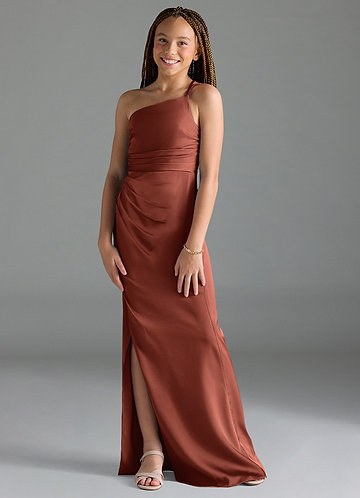 Azazie Eren Junior Vestido Castanho Aloirado de Cetim elástico de Bainha com Plissado image1