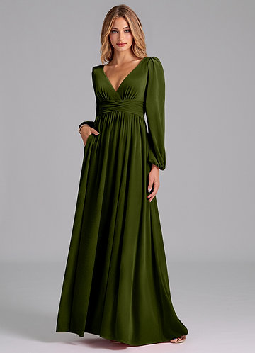 Azazie Norah Robes Demoiselle d'honneur Robe Trapèze en velours Manche longue Olive image1