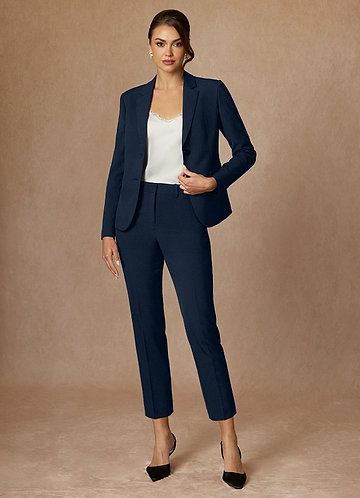 Whitney Dark Navy Refined Weave Performance Cropped Pants Suit front