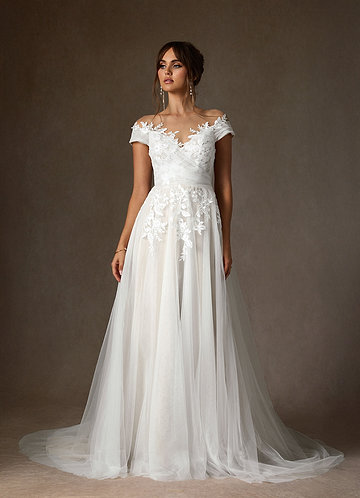 Azazie Cindy Abiti da Sposa Abito A-Line in Tulle a Spalla Scoperta in Pizzo con Illusione Bianco Diamante image1