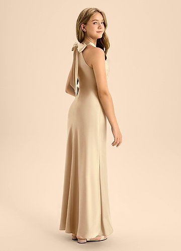 Azazie Doretta Junior Champagne A-Line Pleated Stretch Satin Dress image1