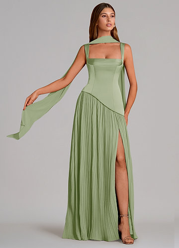 Azazie Stephanie Bridesmaid Dresses Dusty Sage A-Line Pleated Stretch Satin Dress image1