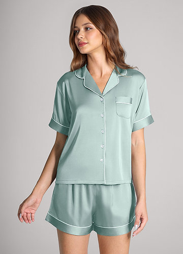front Matching Color Satin Contrast Piping Pajama Set