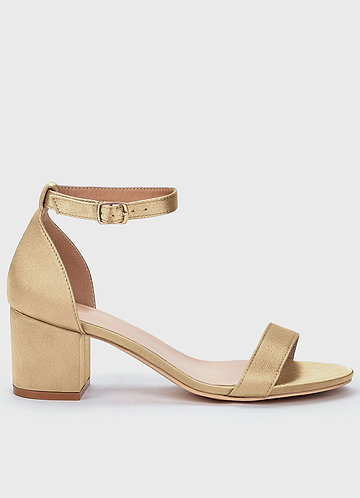 front Matching Color Metallic Satin One Strap Buckle Block Low Heel Sandals