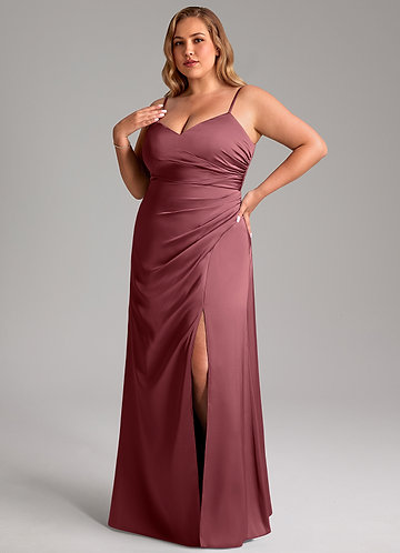 Azazie Azuree Bridesmaid Dresses Desert Rose A-Line Pleated Stretch Satin Dress image1