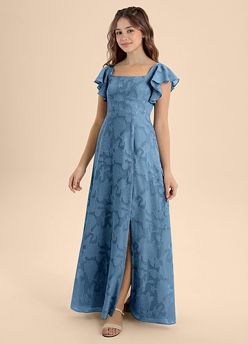 Azazie Bondi Junior Vestido de Azul Acero de Devorado Floral de Corte en A con Lazo image1