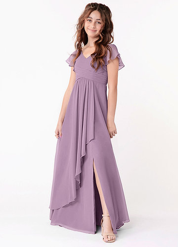 Azazie Omari Junior Vestido Glicínia de Chiffon de Linha A com Ruched image1