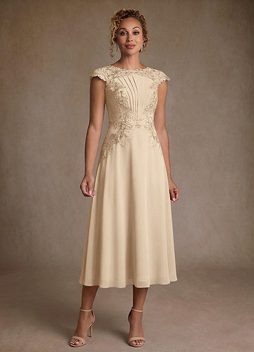 Azazie Crista Mother of the Bride Dresses Vestido Champanhe de Chiffon de Linha A com Renda image1