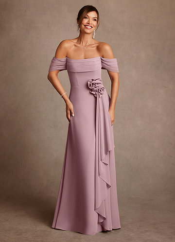 Azazie Amherst Mother of the Bride Dresses Vestido Rosa Empoeirada de Chiffon de Linha A com Fora do ombro image1