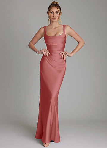 Azazie Agustina Bridesmaid Dresses Vestido Rosa Antiga de Cetim elástico de sereia com Espartilho image1