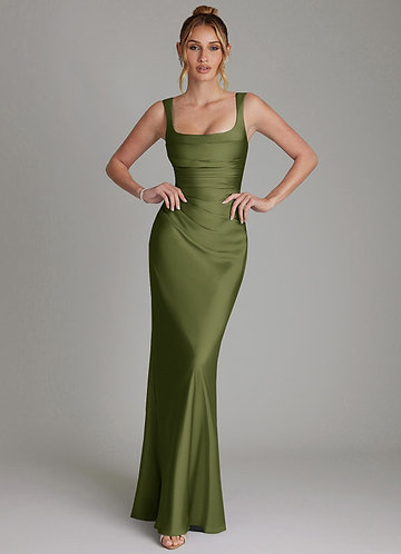 Azazie Agustina Robes Demoiselle d'honneur Robe Sirène en Satin extensible Corset Olive image1