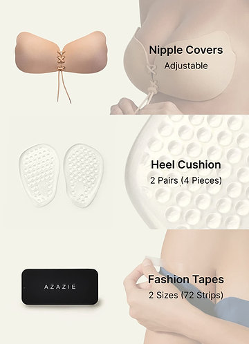 front Bridal Essentials Kit – Adjustable Lift Pasties, Double-Sided Fashion Tape & Gel Foot Cushions