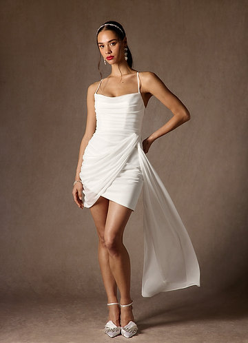 Azazie Iras Wedding Dresses Diamond White Sheath Cowl Neckline Pleated Mesh Dress image1