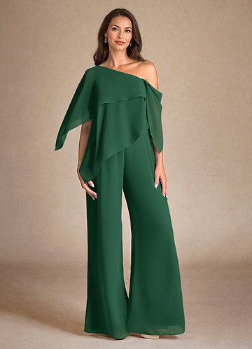 Azazie Halima Vestidos de Madre de la Novia Vestido de Verde Oscuro de Gasa de Mono/Traje de pantalón con Corte Lateral image1