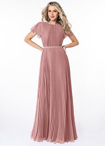 Azazie Kara Modest Bridesmaid Dresses A-Line Pleated Chiffon Floor-Length Dress image1