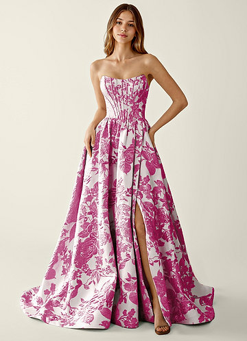 Allegra Fuchsia Floral Jacquard Wrap A-line Prom Dress image1