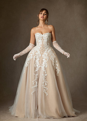 Azazie Sonnet Wedding Dresses Diamond White Champagne Ball-Gown Strapless Lace Dress image1