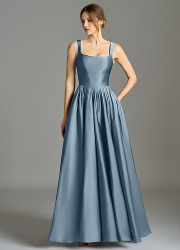 Azazie Verina Bridesmaid Dresses Vestido Azul Empoeirado de Cetim elástico de Linha A com Plissado image1